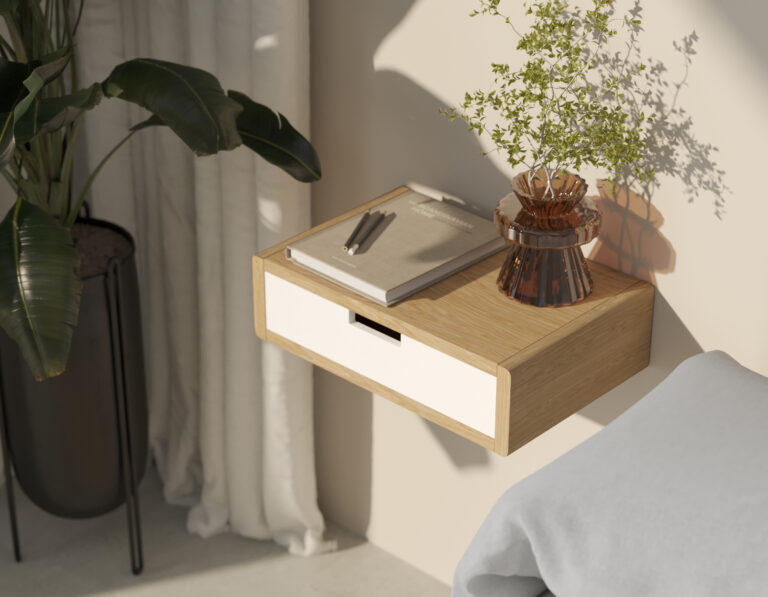 Kleines Nachtkästchen hängend mit Bücherregal im skandinavischen Stil