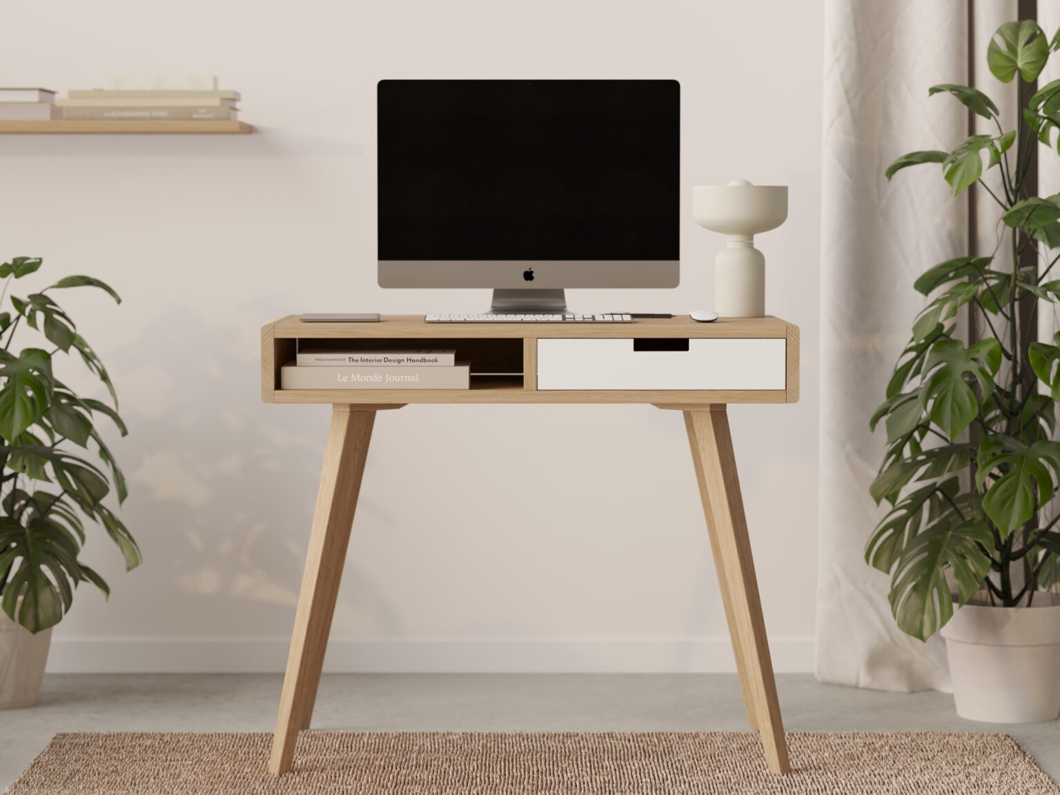 Designer Schreibtisch aus Holz mit weißer Schublade und abgerundeten ...