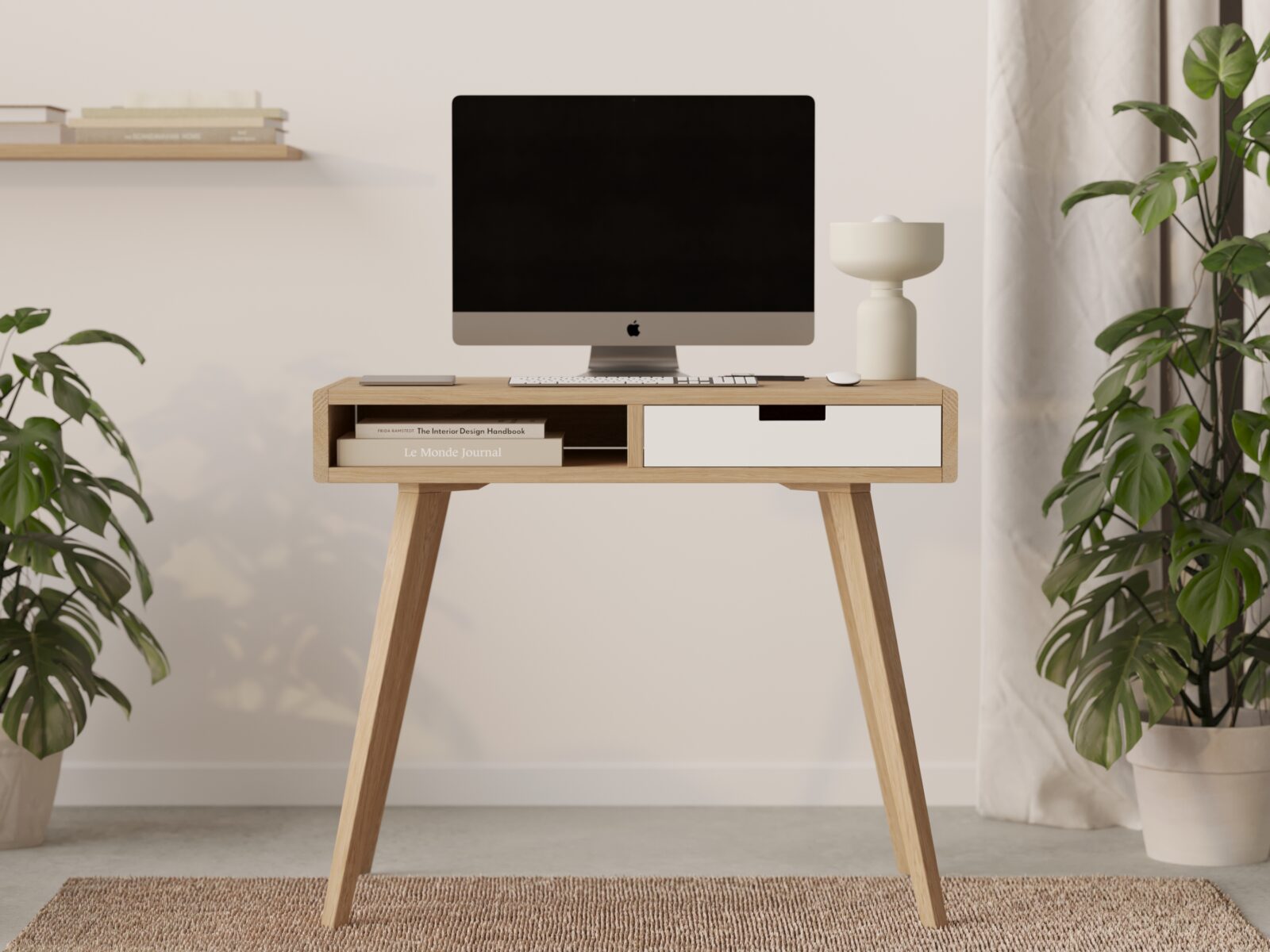 Designer Schreibtisch aus Holz mit weißer Schublade und abgerundeten ...