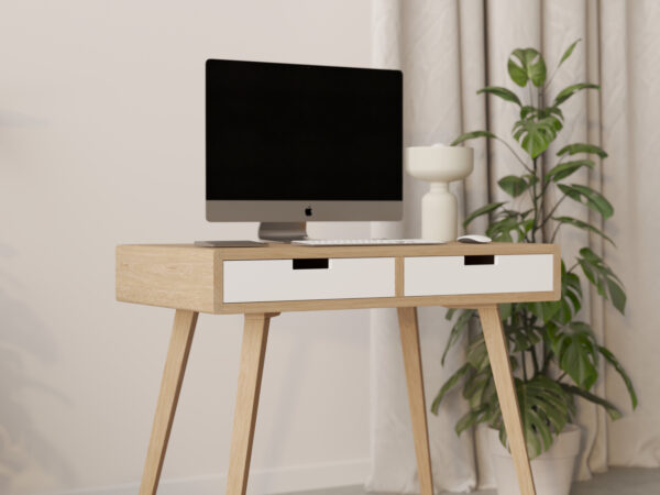 Holzschreibtisch 90 cm breit mit 2 weißen Schubladen und Regal