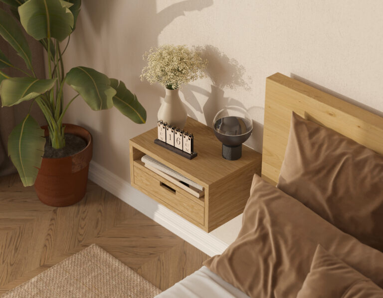 Hängender Nachttisch Modern Eiche, Schublade und Regal aus Holz