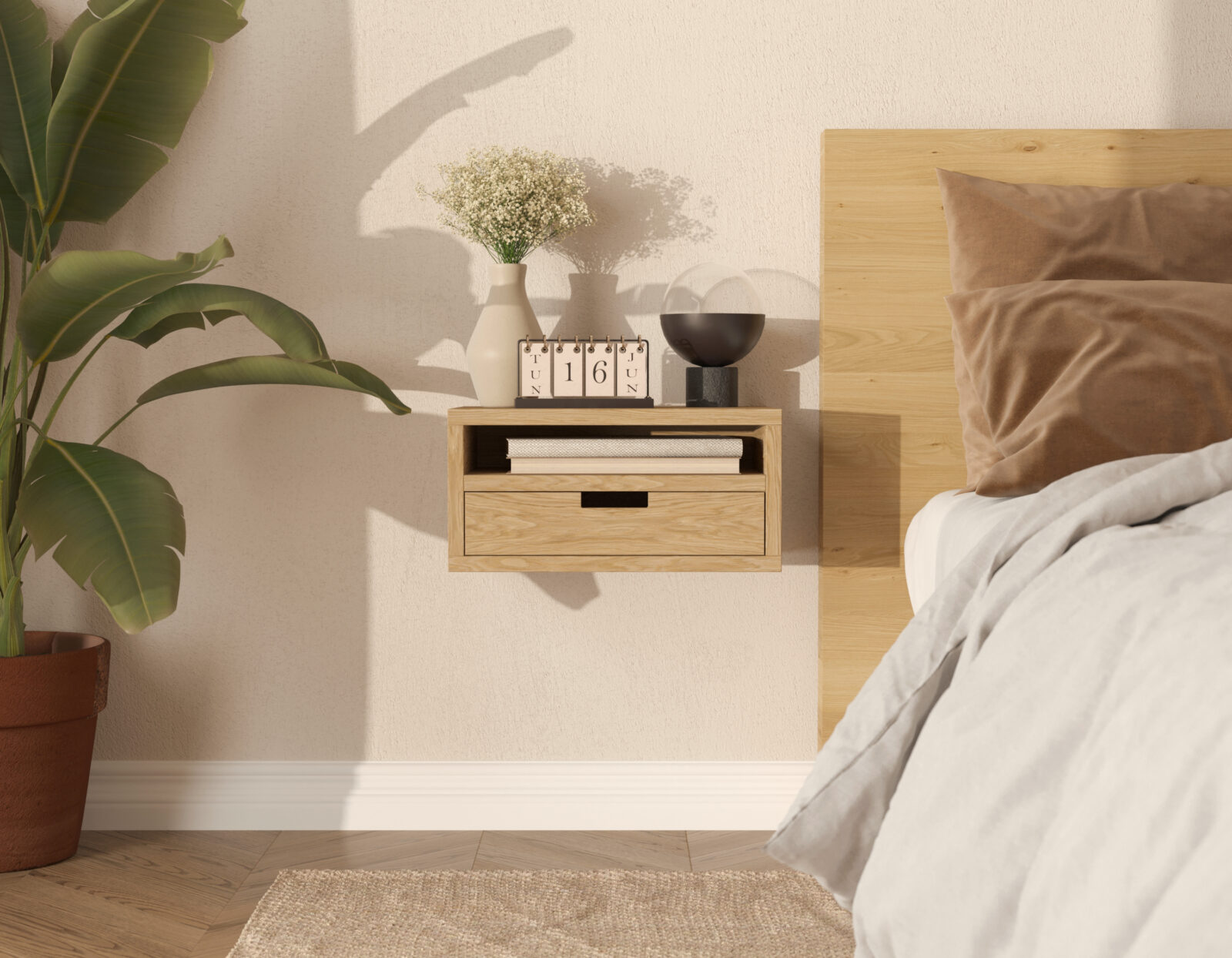 Hängender Nachttisch Modern Eiche, Schublade und Regal aus Holz