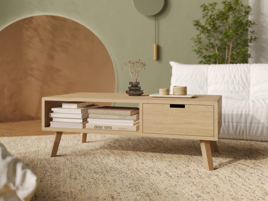 Couchtisch Eiche 120 x 60 cm mit Schublade, abgerundet Ecken