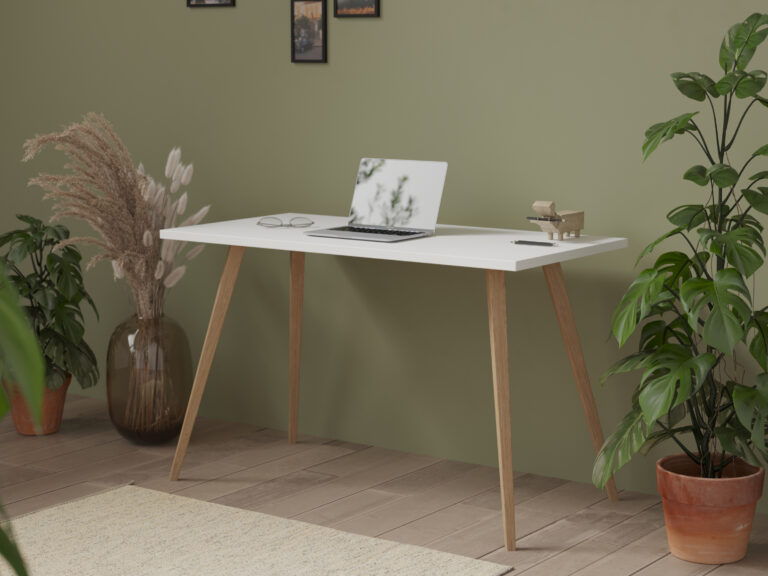 Einfacher minimalistischer Schreibtisch mit weißer Tischplatte 90 cm