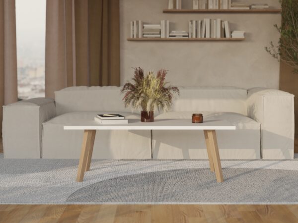 Rechteckiger Couchtisch mit weißer Tischplatte und Holzbeinen im skandinavischen Stil