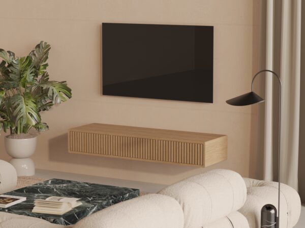 Hängender TV-Schrank 150 cm mit Lamellen aus massivem Eichenholz