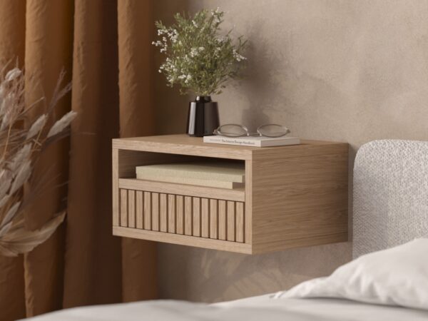 Wandmontierter Nachttisch mit Lamellenfront der Schublade
