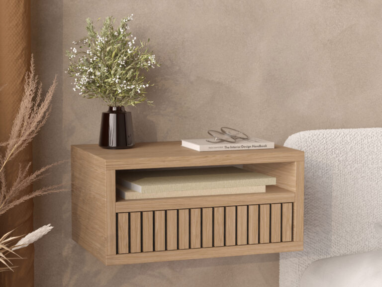 Wandmontierter Nachttisch mit Lamellenfront der Schublade