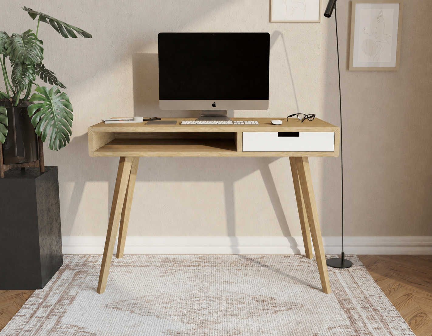 Kompakter Schreibtisch aus Holz 110 cm mit weißer Schublade und Einlegeboden